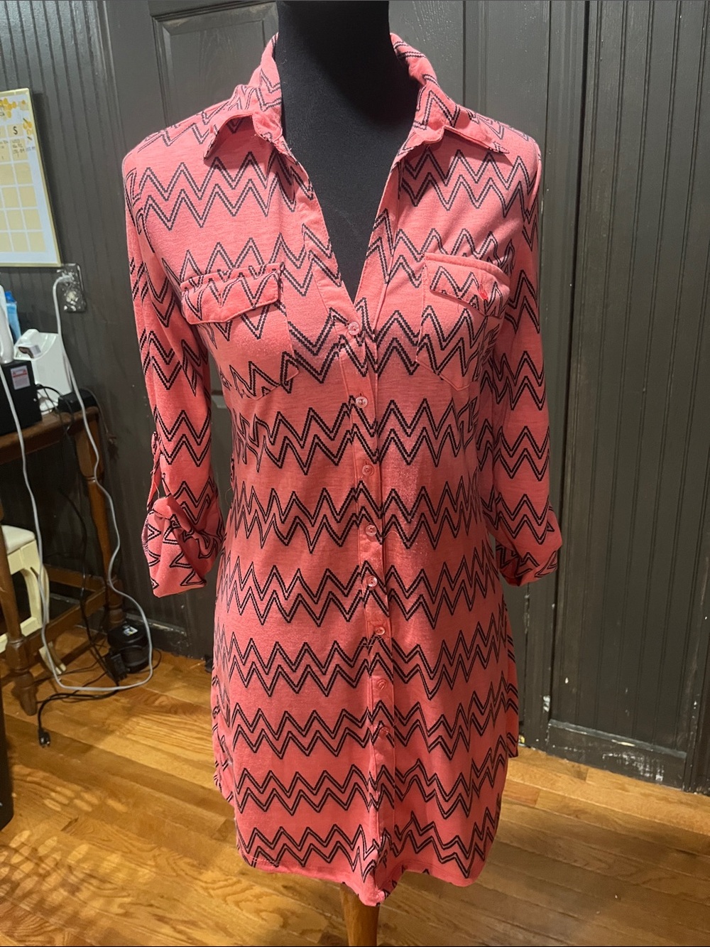 Ultra Flirt Coral Pink Chevron Long-Sleeve Shirt Dress